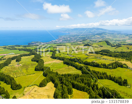 Lush Green Hills. Atlantic Ocean. Azores Sao Miguel Island Portugal. Aerial View Lush Green Hills. Atlantic Ocean. Azores Sao Miguel Island Portugal. Aerial View 131578839