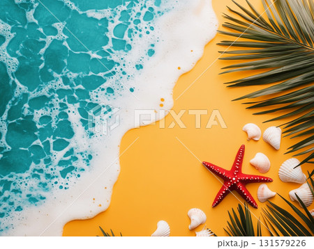 A bright flat lay showing starfish, white seashells, and a tropical palm leaf on a clean border between beach sand and a vibrant yellow background. A bright flat lay showing starfish, white seashells, and a tropical palm leaf on a clean border between beach sand and a vibrant yellow background. 131579226