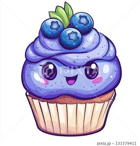 A cute cartoon cupcake with blueberries on top and a smiling face. A cute cartoon cupcake with blueberries on top and a smiling face. 131579411
