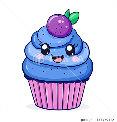 A cute cartoon cupcake with blueberries on top and a smiling face. A cute cartoon cupcake with blueberries on top and a smiling face. 131579412