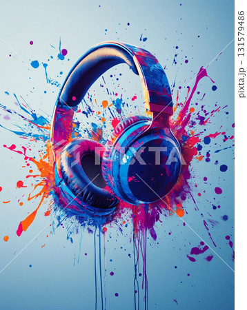 Vibrant headphones splashed with colorful paint, blending pink, blue, and yellow hues against a dark background, symbolizing creativity and music. 131579486