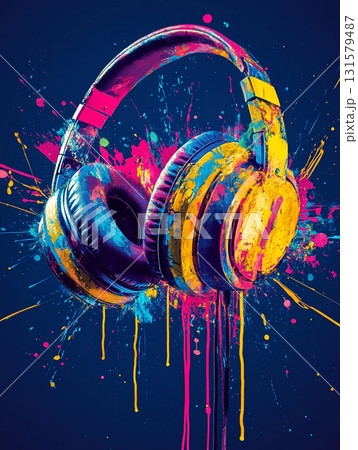Vibrant headphones splashed with colorful paint, blending pink, blue, and yellow hues against a dark background, symbolizing creativity and music. 131579487