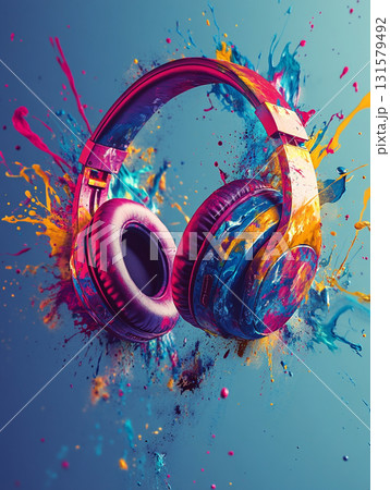 Vibrant headphones splashed with colorful paint, blending pink, blue, and yellow hues against a dark background, symbolizing creativity and music. Vibrant headphones splashed with colorful paint, blending pink, blue, and yellow hues against a dark background, symbolizing creativity and music. 131579492
