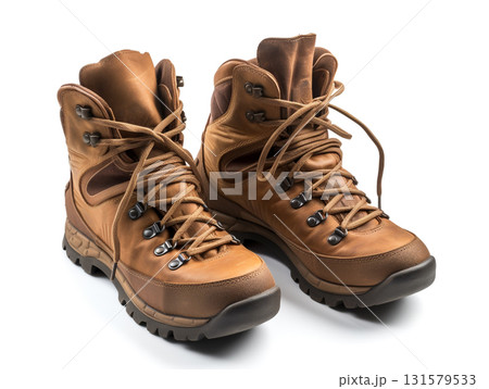 A pair of rugged hiking shoes with durable material, and thick soles designed for outdoor trekking and adventure. 131579533