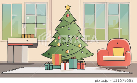 クリスマスツリーとプレゼントが置かれたリビング 131579588