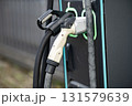 Electric Vehicle Charging Station With Dual Connectors: Close-Up Of Modern EV Power Supply Cables And Sockets With Green LED Outlines On Black Panel In Urban Setting 131579639