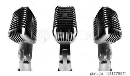 Classic Vintage Microphone Set with Black Inside Mesh Isolated on a White Background. 131579974