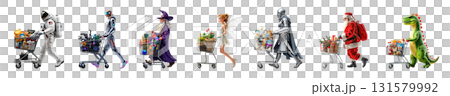 A collection of cutouts of fantasy people pushing shopping carts, with transparent background 131579992