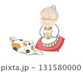 猫(ねこ)と日向ぼっこをするお婆ちゃん(シニア女性) 131580000