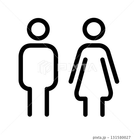 Outline icon of man and woman standing side by side. Simple black and white hand drawn illustration, perfect for signage, posters, kids education, public symbols, and minimal design. 131580027