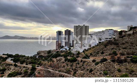 Aerial view of a hilltop city blending urban life with ocean beauty 131580120