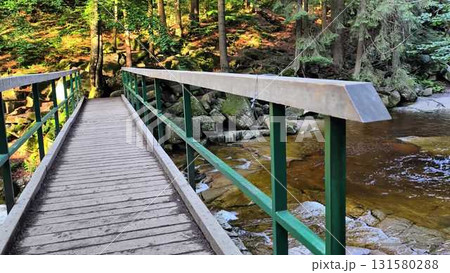 A Serene Wooden Bridge Gracefully Arches Over a Tranquil Stream Within a Lush Forest 131580288