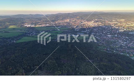 Captivating Aerial View of a Scenic Landscape Showcasing an Urban Area and Beyond 131580297