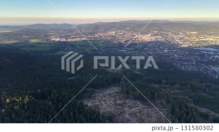 Aerial View of a Beautiful City and Expansive Forest Landscape at Early Dawn Light 131580302