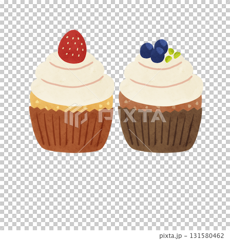いちごとブルーベリーのカップケーキ　水彩風手描きイラスト 131580462