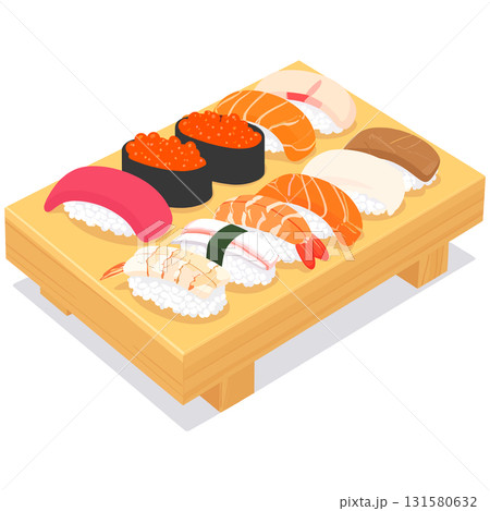 木の下駄に彩る寿司盛り合わせがきらきらと調和と幸福を感じさせる 131580632