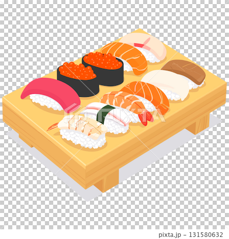 木の下駄に彩る寿司盛り合わせがきらきらと調和と幸福を感じさせる 131580632