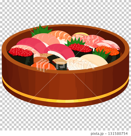 圓形木桶內排列著色彩鮮豔的壽司，閃爍著和諧與繁榮的光芒。 131580754