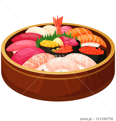 丸い木桶に並ぶ彩り寿司がきらきらと調和と繁栄を感じさせる 131580756