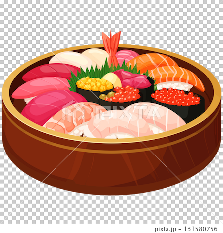 丸い木桶に並ぶ彩り寿司がきらきらと調和と繁栄を感じさせる 131580756