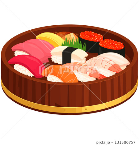 丸い木桶に並ぶ彩り寿司がきらきらと調和と繁栄を感じさせる 131580757