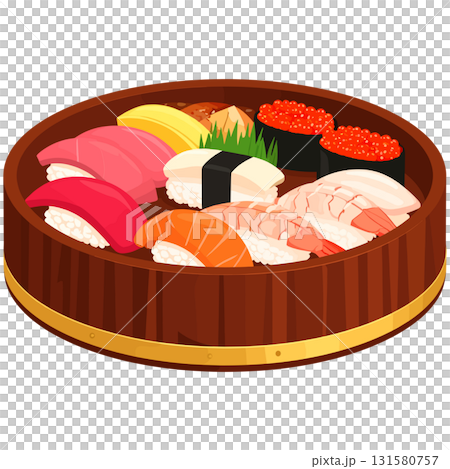 丸い木桶に並ぶ彩り寿司がきらきらと調和と繁栄を感じさせる 131580757