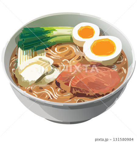 湯気立つ味噌醤油豚骨ラーメンに輝く豚肉と卵が調和の喜びを感じさせる 131580984