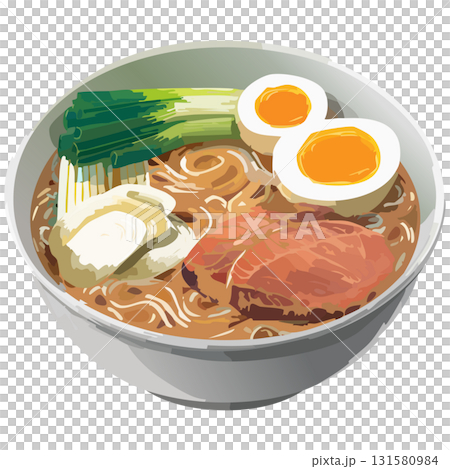 湯気立つ味噌醤油豚骨ラーメンに輝く豚肉と卵が調和の喜びを感じさせる 131580984