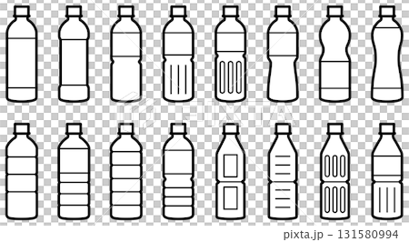 ペットボトルのアイコンセット（様々な形のプラスチックボトルのベクターイラスト） 131580994