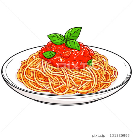 赤いトマトソースと緑のバジルがきらめくパスタスパゲティが調和と幸福を感じさせる 131580995