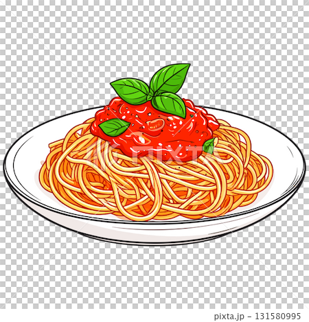 赤いトマトソースと緑のバジルがきらめくパスタスパゲティが調和と幸福を感じさせる 131580995
