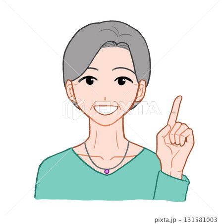 左手の人差し指を立てているシニア女性　手描きイラスト素材 131581003