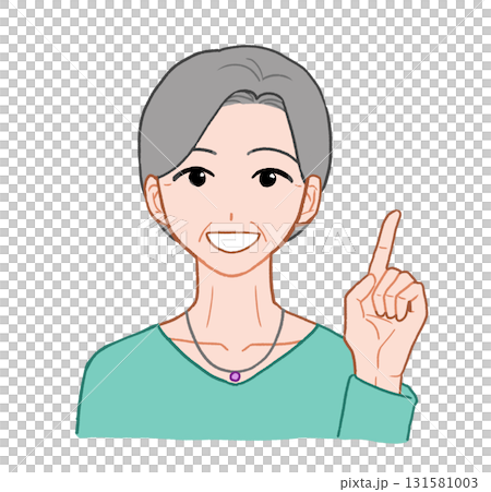 左手の人差し指を立てているシニア女性　手描きイラスト素材 131581003