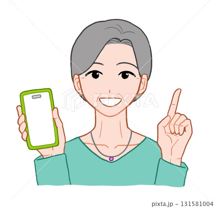 スマホを持って人差し指を立てているシニア女性　手描きイラスト素材 131581004