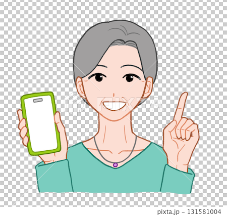 Senior woman holding a smartphone and pointing her index finger up Hand-drawn illustration Senior woman holding a smartphone and pointing her index finger up Hand-drawn illustration 131581004