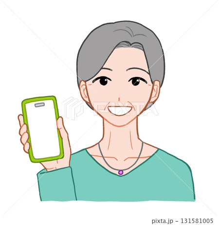 スマホの画面を見せているシニア女性　手描きイラスト素材 131581005