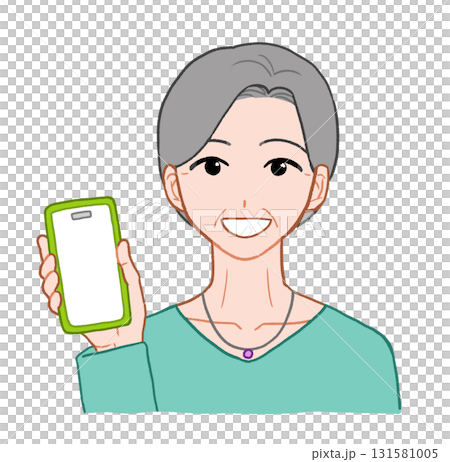 スマホの画面を見せているシニア女性　手描きイラスト素材 131581005