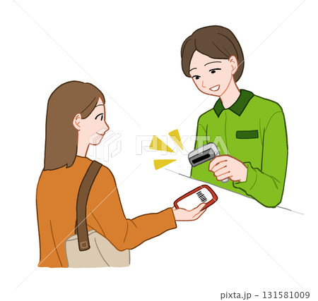 店頭でスマホ決済をする若い女性　手描きイラスト素材 131581009
