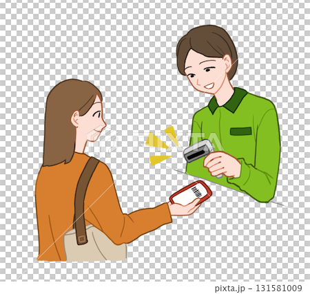 店頭でスマホ決済をする若い女性　手描きイラスト素材 131581009