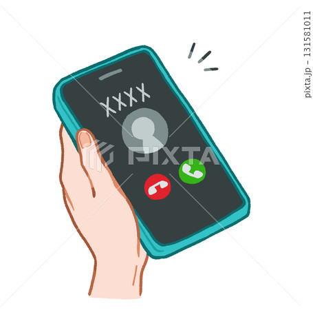 着信中のスマートフォン（スマホ）を持っている手　手描きイラスト素材 131581011