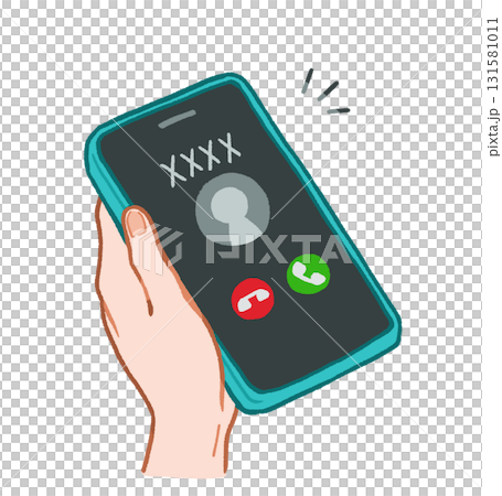一隻手拿著一部正在響鈴的智慧型手機。手繪插圖 131581011