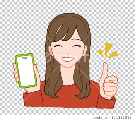 一位年輕女子拿著智慧型手機豎起大拇指。手繪插圖 131581012