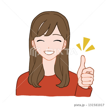 笑顔でサムズアップをしている若い女性　手描きイラスト素材 131581017