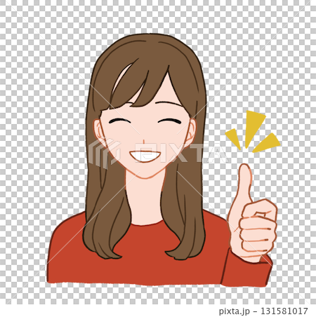 笑顔でサムズアップをしている若い女性　手描きイラスト素材 131581017