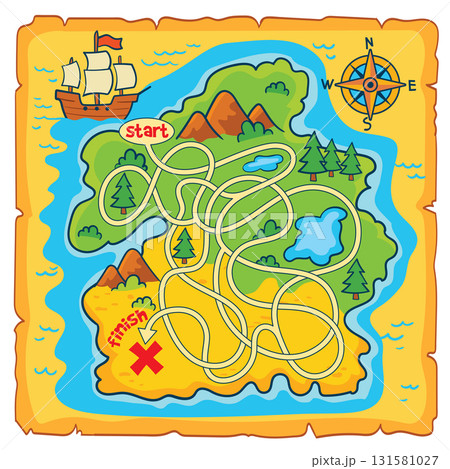 Treasure map maze for kids. Trace the correct path from start to the X 131581027