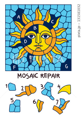 Kids visual puzzle. Repair the sun mosaic by matching missing fragments 131581032