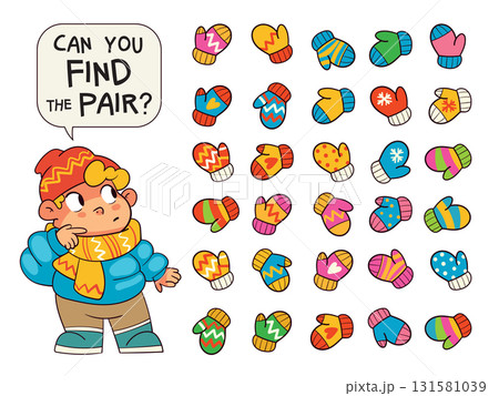 Fun winter puzzle for kids. Find the matching pair of mittens. 131581039