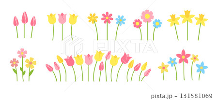 Colorful flower set. Separate isolated flowers different shapes. Yellow daffodil, pink tulip, chamomile daisy blossom. Spring floral meadow bloom. Garden herb bud field. Decorative nature plant 131581069