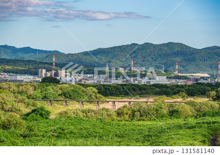 木津川風景　上津屋橋（流れ橋）　京都南道路上からの景観　京都府八幡市 131581140