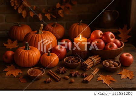 秋の果物とスパイスの静物構図 131581200